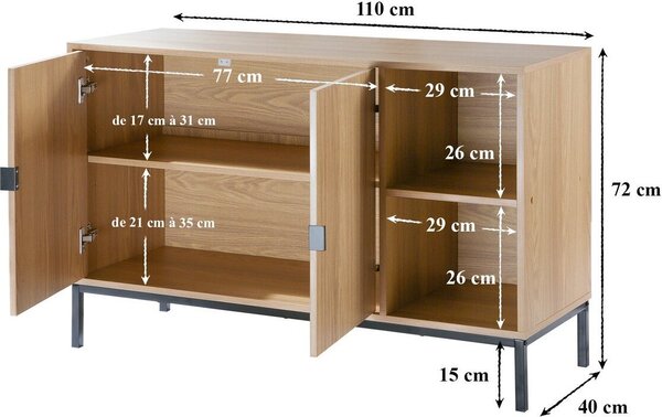 CALICOSY – příborník se 2 dvířky a 2 otevřenými přihrádkami v provedení imitace dřevěných rýh, šířka 110 cm – TARA