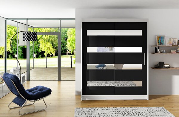 Prostorná šatní skříň se zrcadlem Doris - šířka 150 cm, bílá/černá