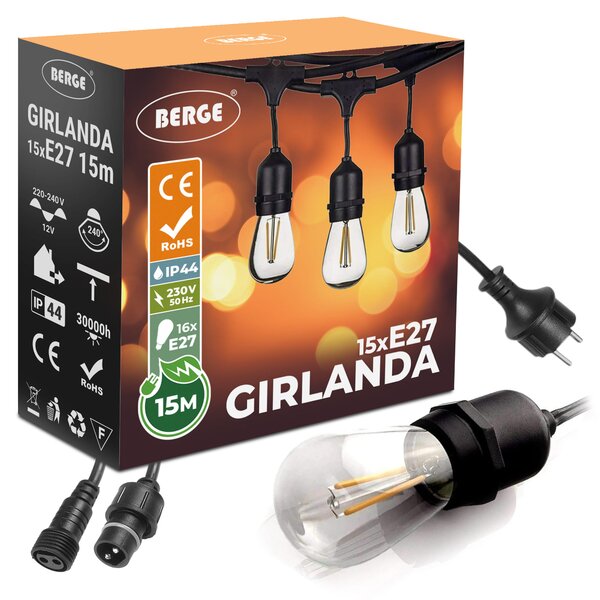 BERGE Zahradní girlanda 15m + 16x 1W LED žárovka