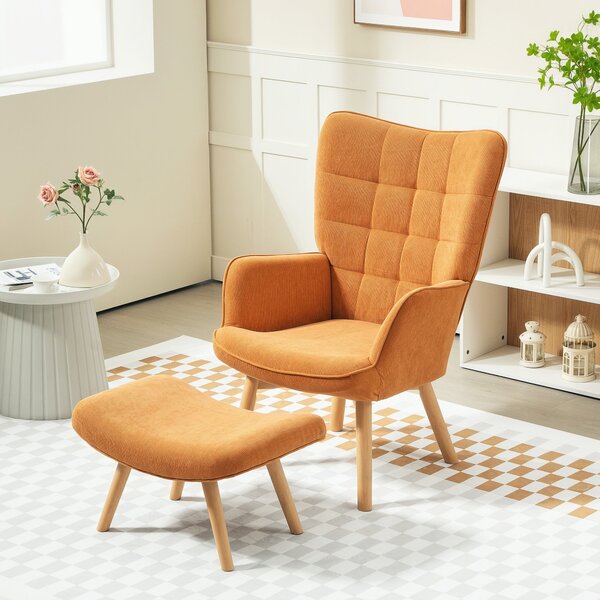 HOMCOM Křeslo s podnožkou, Vysoké křeslo s opěrkami, Dřevěné nohy, Lounge křeslo s prošívaným designem, Vzhled sametu, do obývacího pokoje, Hnědé | Ao