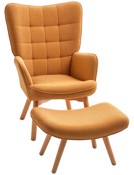 HOMCOM Křeslo s podnožkou, Vysoké křeslo s opěrkami, Dřevěné nohy, Lounge křeslo s prošívaným designem, Vzhled sametu, do obývacího pokoje, Hnědé | Ao