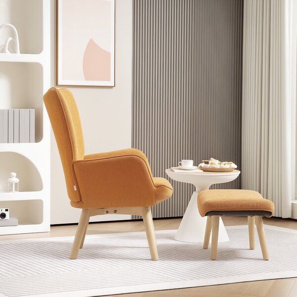 HOMCOM Křeslo s podnožkou, Vysoké křeslo s opěrkami, Dřevěné nohy, Lounge křeslo s prošívaným designem, Vzhled sametu, do obývacího pokoje, Hnědé | Ao
