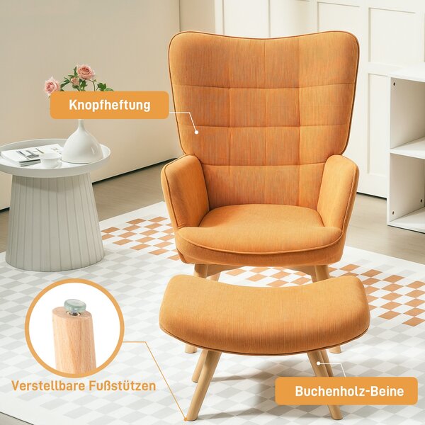 HOMCOM Křeslo s podnožkou, Vysoké křeslo s opěrkami, Dřevěné nohy, Lounge křeslo s prošívaným designem, Vzhled sametu, do obývacího pokoje, Hnědé | Ao