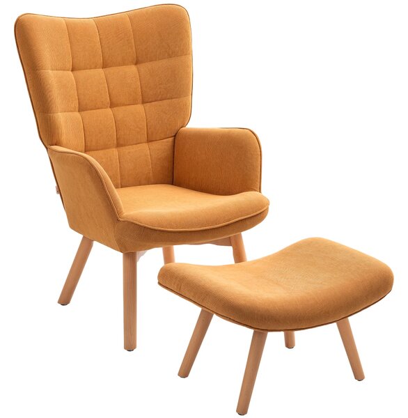 HOMCOM Křeslo s podnožkou, Vysoké křeslo s opěrkami, Dřevěné nohy, Lounge křeslo s prošívaným designem, Vzhled sametu, do obývacího pokoje, Hnědé | Ao