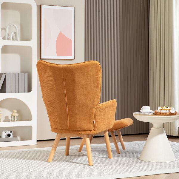 HOMCOM Křeslo s podnožkou, Vysoké křeslo s opěrkami, Dřevěné nohy, Lounge křeslo s prošívaným designem, Vzhled sametu, do obývacího pokoje, Hnědé | Ao