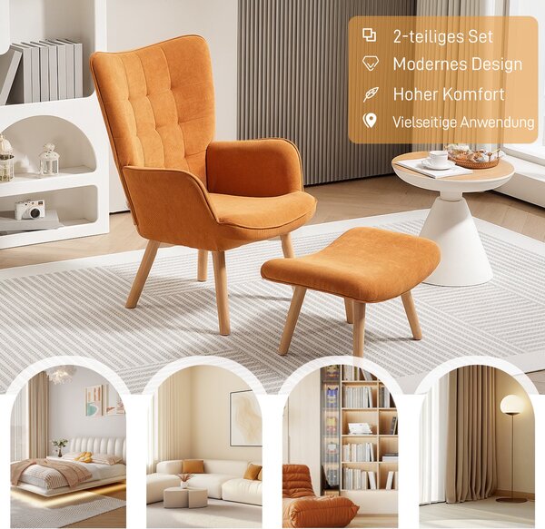HOMCOM Křeslo s podnožkou, Vysoké křeslo s opěrkami, Dřevěné nohy, Lounge křeslo s prošívaným designem, Vzhled sametu, do obývacího pokoje, Hnědé | Ao