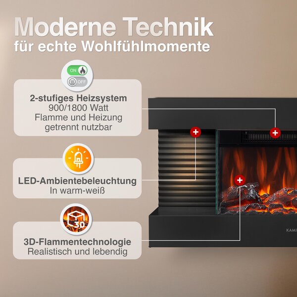 KAMINIO Elektrický krb LIZ – Elektrický nástěnný krb s topením, 3D efektem plamenů, LED ambientním osvětlením, dálkovým ovládáním – černý