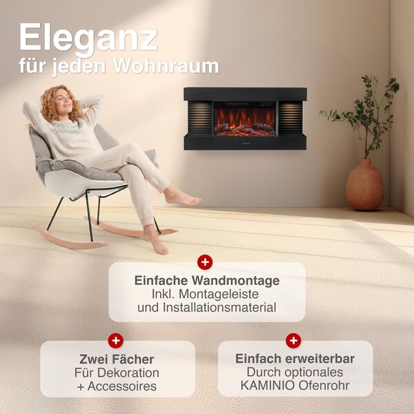 KAMINIO Elektrický krb LIZ – Elektrický nástěnný krb s topením, 3D efektem plamenů, LED ambientním osvětlením, dálkovým ovládáním – černý