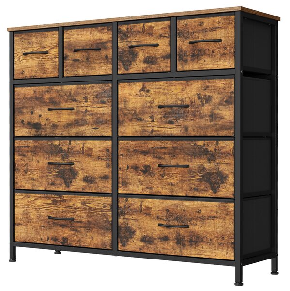 SONGMICS Komoda s 10 zásuvkami z látky, úložná skříň s kovovou konstrukcí, rozměry 98,7 x 30 x 96,2 cm, hnědá