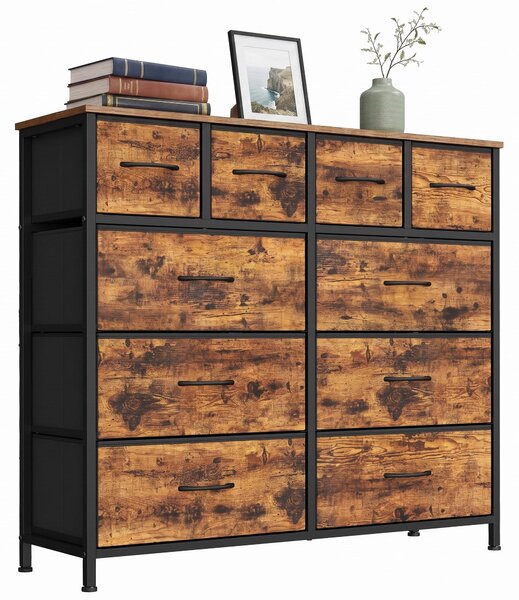 SONGMICS Komoda s 10 zásuvkami z látky, úložná skříň s kovovou konstrukcí, rozměry 98,7 x 30 x 96,2 cm, hnědá