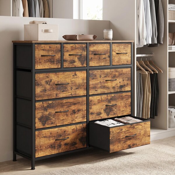 SONGMICS Komoda s 10 zásuvkami z látky, úložná skříň s kovovou konstrukcí, rozměry 98,7 x 30 x 96,2 cm, hnědá