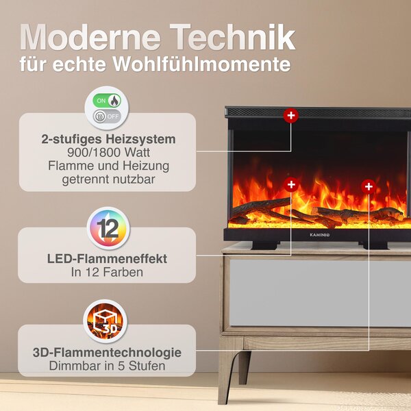 KAMINIO Elektrický krb LEA – Elektrický krb 3 v 1 s panoramatickým výhledem, topením, 3D efektem plamenů, 12 barvami plamenů, dálkovým ovládáním – 30 palců