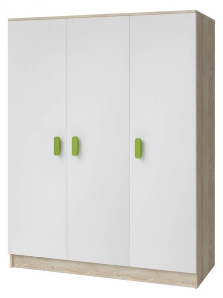 Třídveřová šatní skříň do dětského pokoje SVEN 3, bílá + dub sonoma, úchytky - šířka 120 cm, zelená