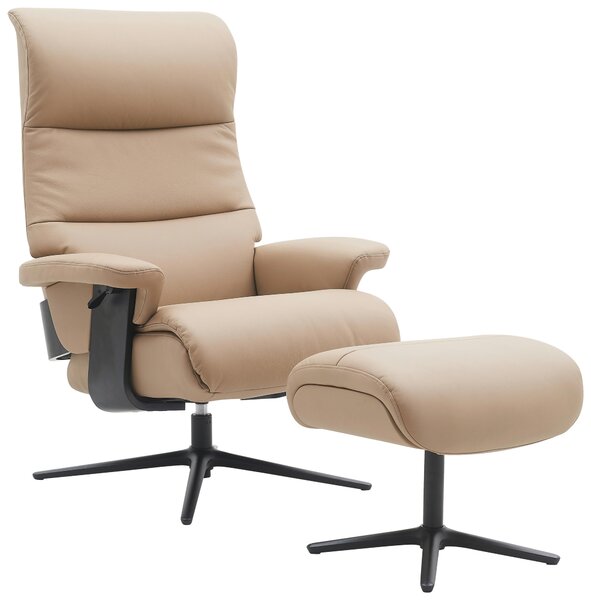 RELAXAČNÍ KŘESLO S TABURETEM, kov, textil, kůže, černá, šedohnědá Xora - Křesla klasická