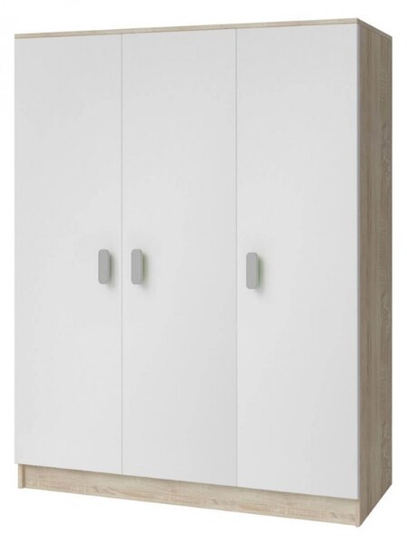 Třídveřová šatní skříň do dětského pokoje SVEN 3, bílá + dub sonoma, úchytky - šířka 120 cm, bílá