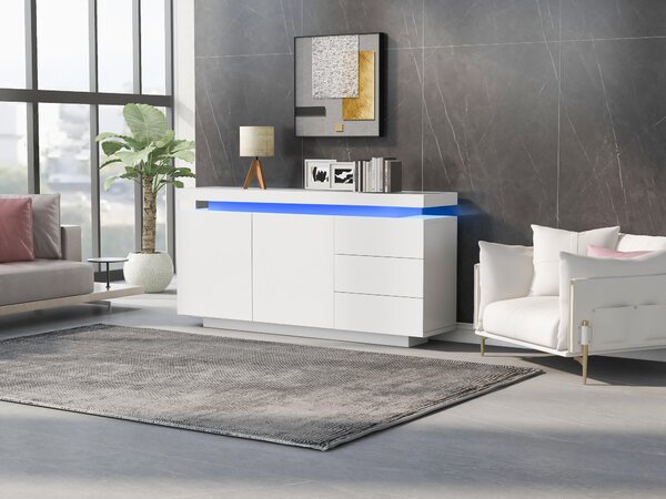 Sweiko Příborník Moderní boční skříňka do obývacího pokoje Stojanová skříňka Komoda Nábytek z vysokých příborníků 2 dvířka 3 zásuvky Příborník s LED osvětlením Bez úchytek 140x35x72,5 cm - bílá