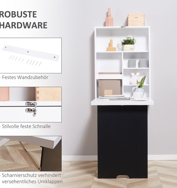 HOMCOM Nástěnný stůl - Skládací stůl se školní tabulí, 5 přihrádek, skládací pracovní stůl pro kancelář Bílá+Černá 60 x 94,5 x 147 cm | Aosom