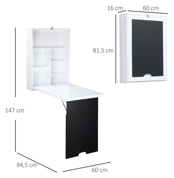 HOMCOM Nástěnný stůl - Skládací stůl se školní tabulí, 5 přihrádek, skládací pracovní stůl pro kancelář Bílá+Černá 60 x 94,5 x 147 cm | Aosom