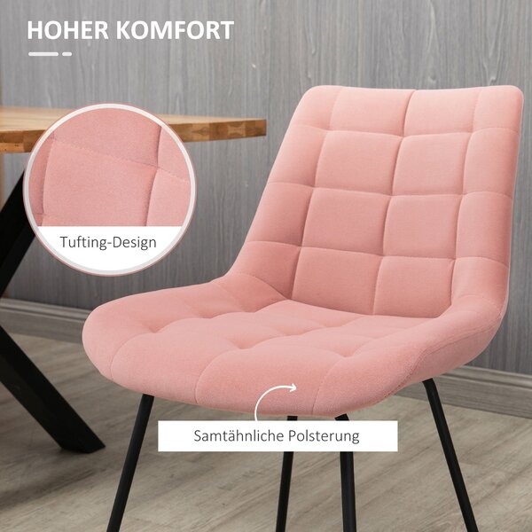 HOMCOM Sada 2 Jídelních Židlí - Čalouněné Růžové Židle s Opěrkou, Sametový Potah, Retro Design, Ocelové Nohy, 50 x 61 x 79 cm | Aosom