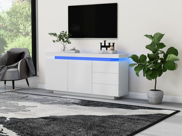 Sweiko Příborník Moderní boční skříňka do obývacího pokoje Stojanová skříňka Komoda Nábytek z vysokých příborníků 2 dvířka 3 zásuvky Příborník s LED osvětlením Bez úchytek 140x35x72,5 cm - bílá