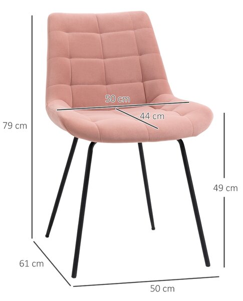 HOMCOM Sada 2 Jídelních Židlí - Čalouněné Růžové Židle s Opěrkou, Sametový Potah, Retro Design, Ocelové Nohy, 50 x 61 x 79 cm | Aosom