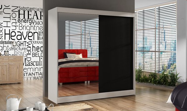 Jednoduchá šatní skříň 200 BULAN I, bílá s černými dveřmi a zrcadlem