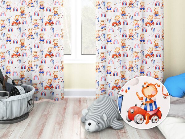 Biante Dětský bavlněný závěs Sandra SA-521 Modro-červení pejsci s auty na bílém 150x140 cm