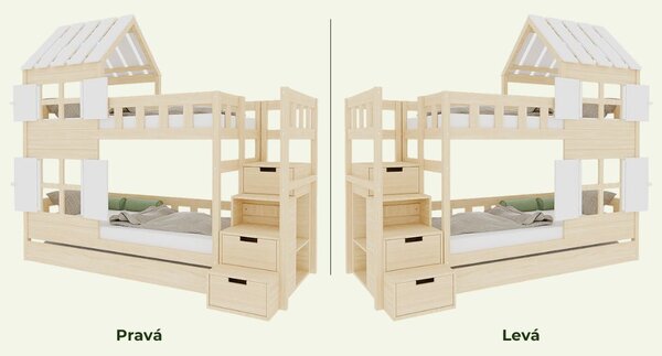 Patrová postel CHALOUPKA s poloviční střechou a úložnými schody 90x200 cm - Nelakovaná, Zvolte šuplík: Bez šuplíku, Zvolte stranu: Vlevo