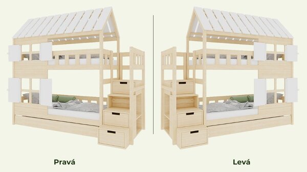 Domečková patrová postel CHALOUPKA s úložnými schody 90x200 cm - Nelakovaná, Zvolte šuplík: Bez šuplíku, Zvolte stranu: Vpravo