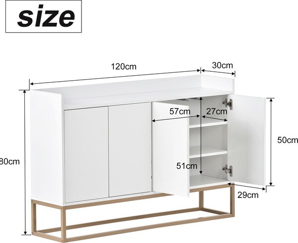 Komoda ProximaX, bílá, 120x30x80 cm, se 4 dvířky, úložným prostorem a zlatým kovovým rámem