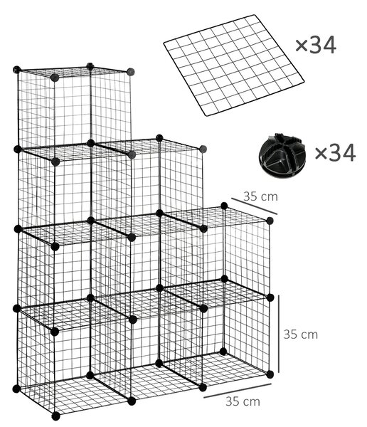HOMCOM Krychlová police, Systém polic s 9 přihrádkami, DIY drátová mřížková police, Krychlová police do obývacího pokoje, ložnice, černá, 105 x 35 x 1