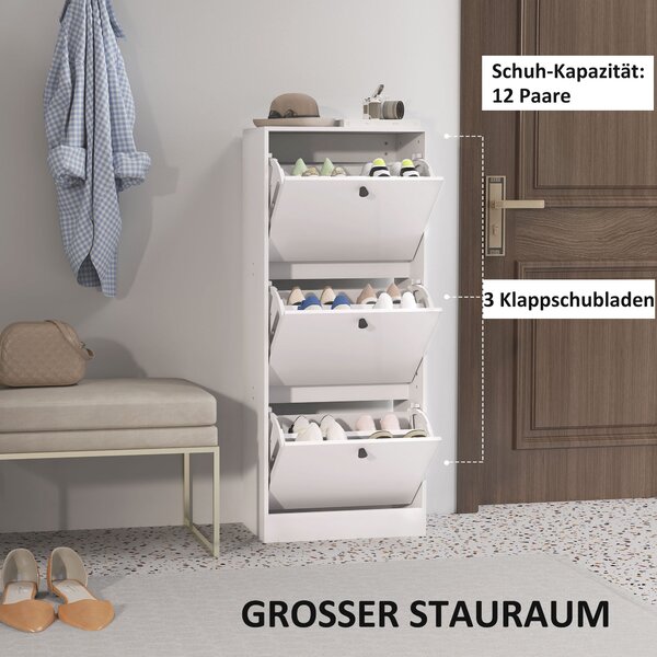 HOMCOM Botník se 3 skládacími dvířky, botník s nastavitelným děličem, štíhlý botník pro 12 párů bot 47 x 28 x 115 cm, bílý | Aosom