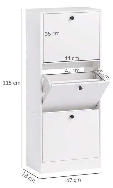 HOMCOM Botník se 3 skládacími dvířky, botník s nastavitelným děličem, štíhlý botník pro 12 párů bot 47 x 28 x 115 cm, bílý | Aosom