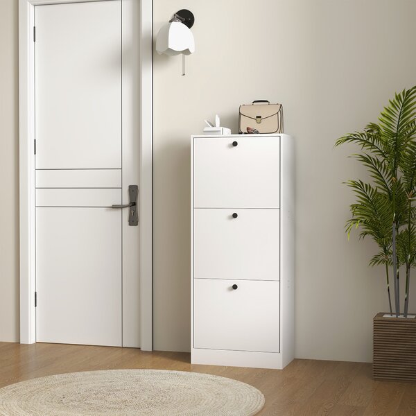 HOMCOM Botník se 3 skládacími dvířky, botník s nastavitelným děličem, štíhlý botník pro 12 párů bot 47 x 28 x 115 cm, bílý | Aosom