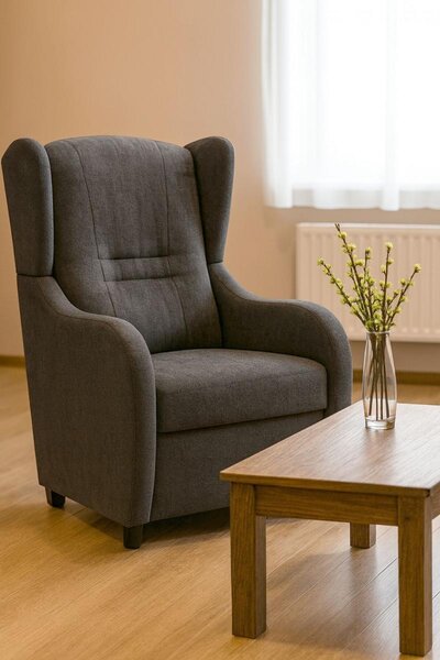 FALCO Relaxační křeslo ušák LOVO - dřevo, látka, antracit