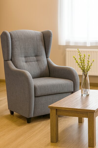 FALCO Relaxační křeslo ušák LOVO - dřevo, látka, šedá
