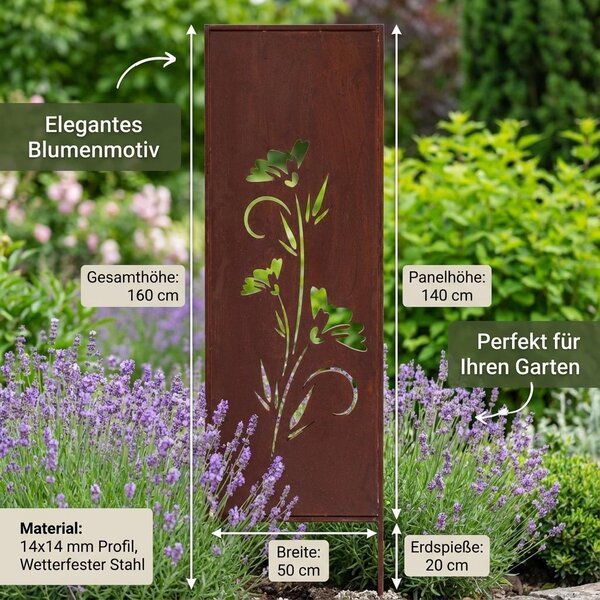 Zahradní dekorativní panel z oceli s patinou „Karafiáty“ 160x50 cm, efekt corten