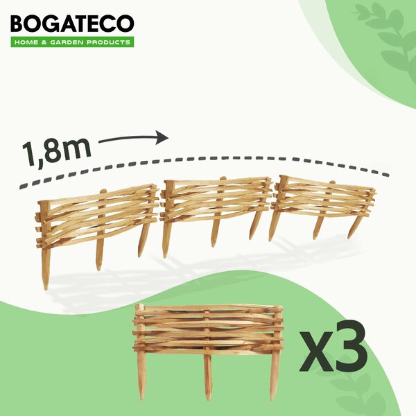 BOGATECO 3x zahradní plot z lískového dřeva 60 cm x 20 cm lemování záhonů lemování trávníku lemování záhonů dřevěné lemování záhonů plot | hnědý