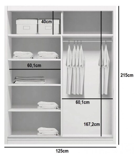 Prostorná šatní skříň se zrcadlem HUGO, šířka 125 cm, výška 215 cm