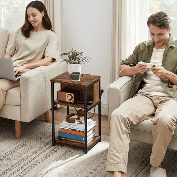 Industriální odkládací stolek FORGE s USB a zásuvkou – MDF, 30x34x58cm