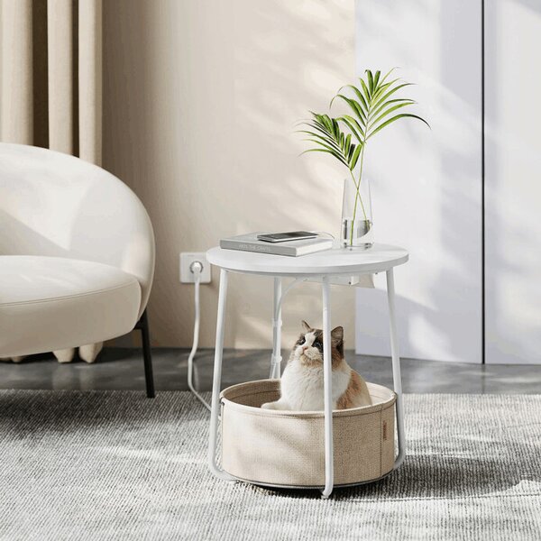 Odkládací stolek FLOW s USB a zásuvkou – bílý MDF, 45x45x50cm