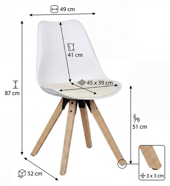 FineBuy Jídelní židle, bílá, sada 2 ks, skandinávské židle, dřevěné nohy, retro sada židlí, plastové kuchyňské židle s potahem z umělé kůže, židle s opěrkou, kuchyňská židle