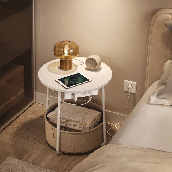 Odkládací stolek FLOW s USB a zásuvkou – bílý MDF, 45x45x50cm