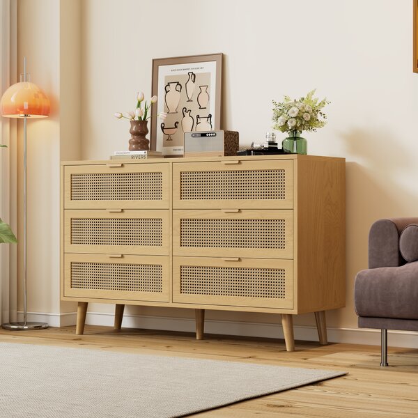 Komoda Flieks se 6 zásuvkami, ratanová skříňka do obývacího pokoje z masivního dřeva, 120x40x76,5 cm, přírodní provedení