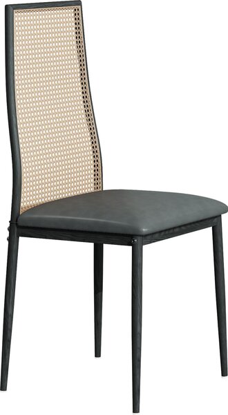 Sada 2 designových jídelních židlí, Imitace kůže, ratanové opěradlo, kovové nohy, černá barva, 97,5 x 44 x 43 cm