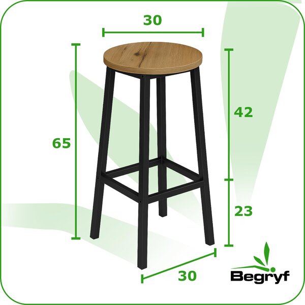 BEGRYF barová stolička sada 2 kusů - kulatý sedák 32 cm, kuchyňská stolička vysoká 65 cm, průmyslový design, vzhled dřeva a černý kovový rám