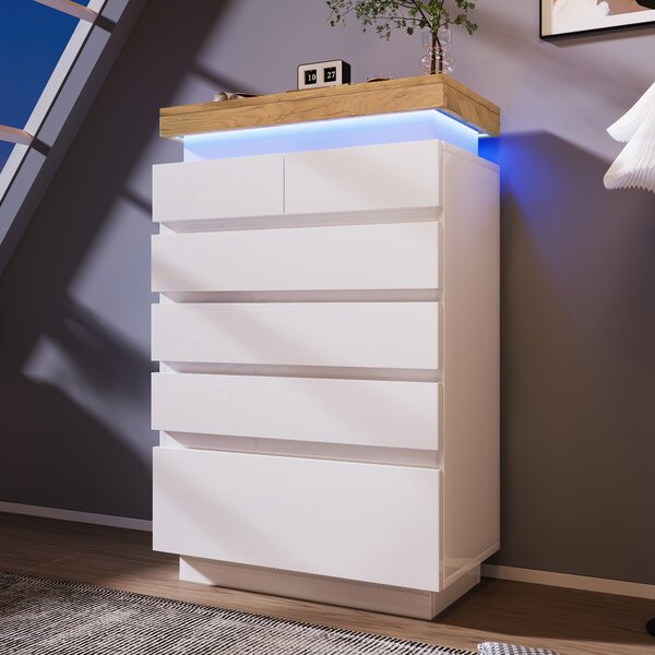 Flieks skříňka do obývacího pokoje komoda se 6 zásuvkami, příborník s LED diodami, vysoký příborník se zásuvkami, 73x39x115cm, bílý