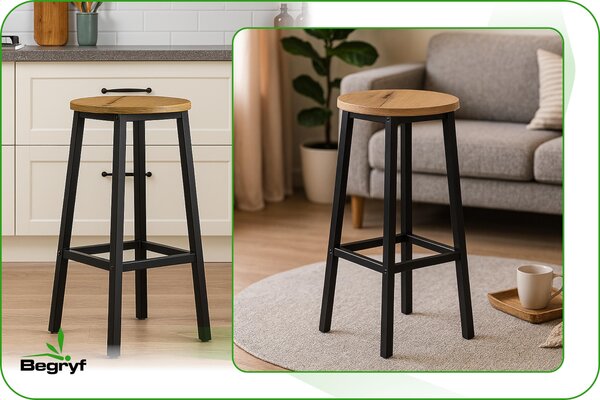 BEGRYF barová stolička sada 2 kusů - kulatý sedák 32 cm, kuchyňská stolička vysoká 65 cm, průmyslový design, vzhled dřeva a černý kovový rám