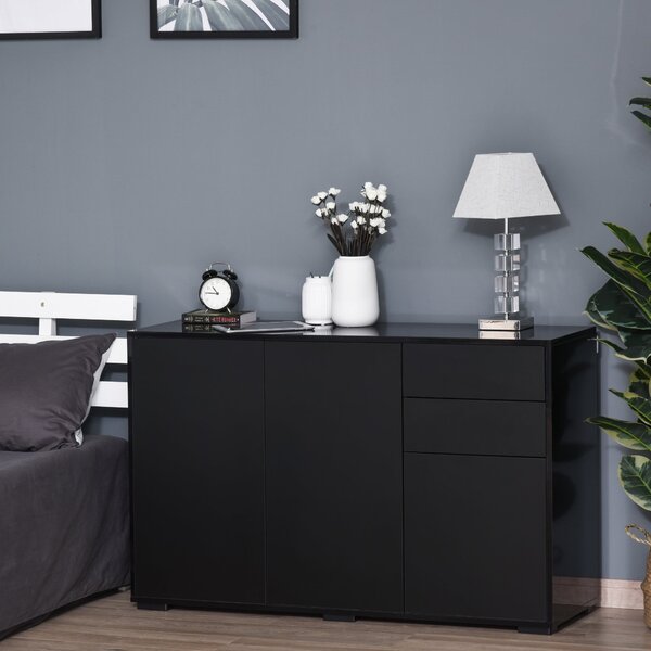 HOMCOM Buffet Skříň s Úložným Prostorem a 2 Zásuvkami, 3 Dveřmi, Nastavitelnou Policí, Dřevotřísková Deska, 117 x 36 x 74 cm Černá | Aosom