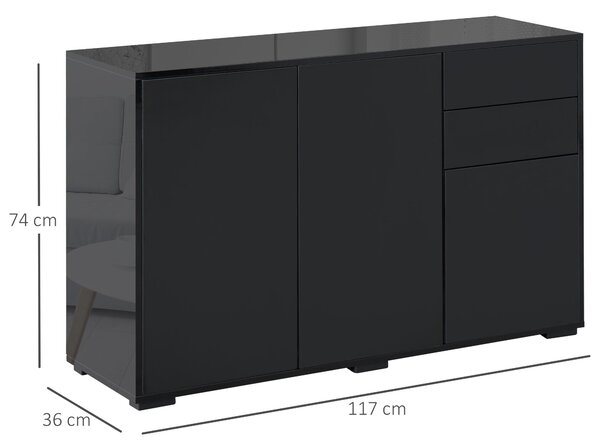 HOMCOM Buffet Skříň s Úložným Prostorem a 2 Zásuvkami, 3 Dveřmi, Nastavitelnou Policí, Dřevotřísková Deska, 117 x 36 x 74 cm Černá | Aosom